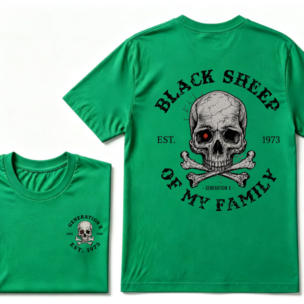 Black Sheep Of My Family Gen X Skull T Shirt, Generation X EST.Year Vintage Skull Crossbones Graphic Tee, Front Back Print Retro Shirt