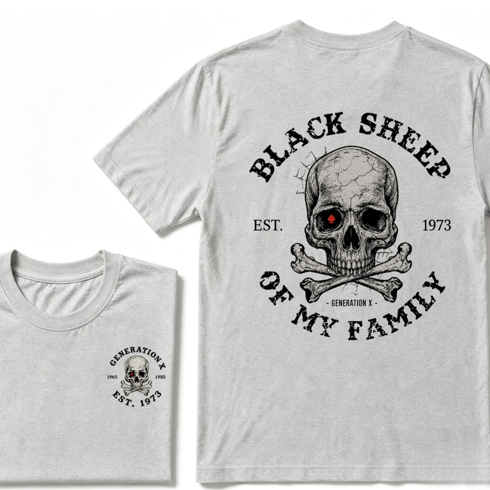 Black Sheep Of My Family Gen X Skull T Shirt, Generation X EST.Year Vintage Skull Crossbones Graphic Tee, Front Back Print Retro Shirt