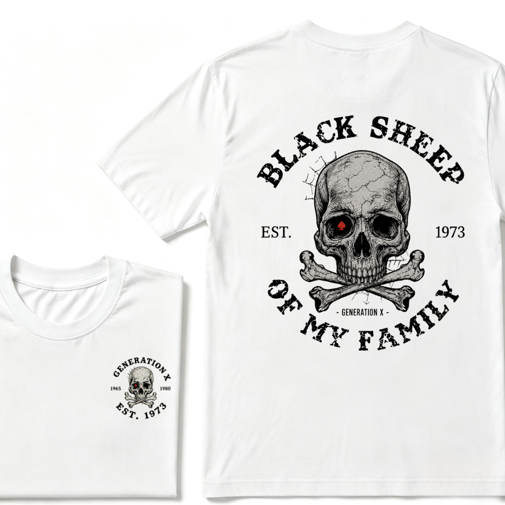 Black Sheep Of My Family Gen X Skull T Shirt, Generation X EST.Year Vintage Skull Crossbones Graphic Tee, Front Back Print Retro Shirt