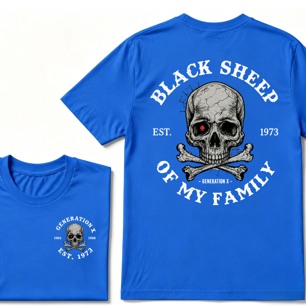 Black Sheep Of My Family Gen X Skull T Shirt, Generation X EST.Year Vintage Skull Crossbones Graphic Tee, Front Back Print Retro Shirt