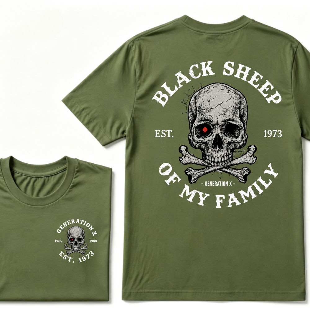 Black Sheep Of My Family Gen X Skull T Shirt, Generation X EST.Year Vintage Skull Crossbones Graphic Tee, Front Back Print Retro Shirt
