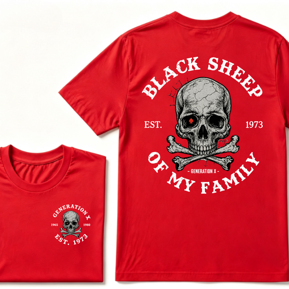 Black Sheep Of My Family Gen X Skull T Shirt, Generation X EST.Year Vintage Skull Crossbones Graphic Tee, Front Back Print Retro Shirt