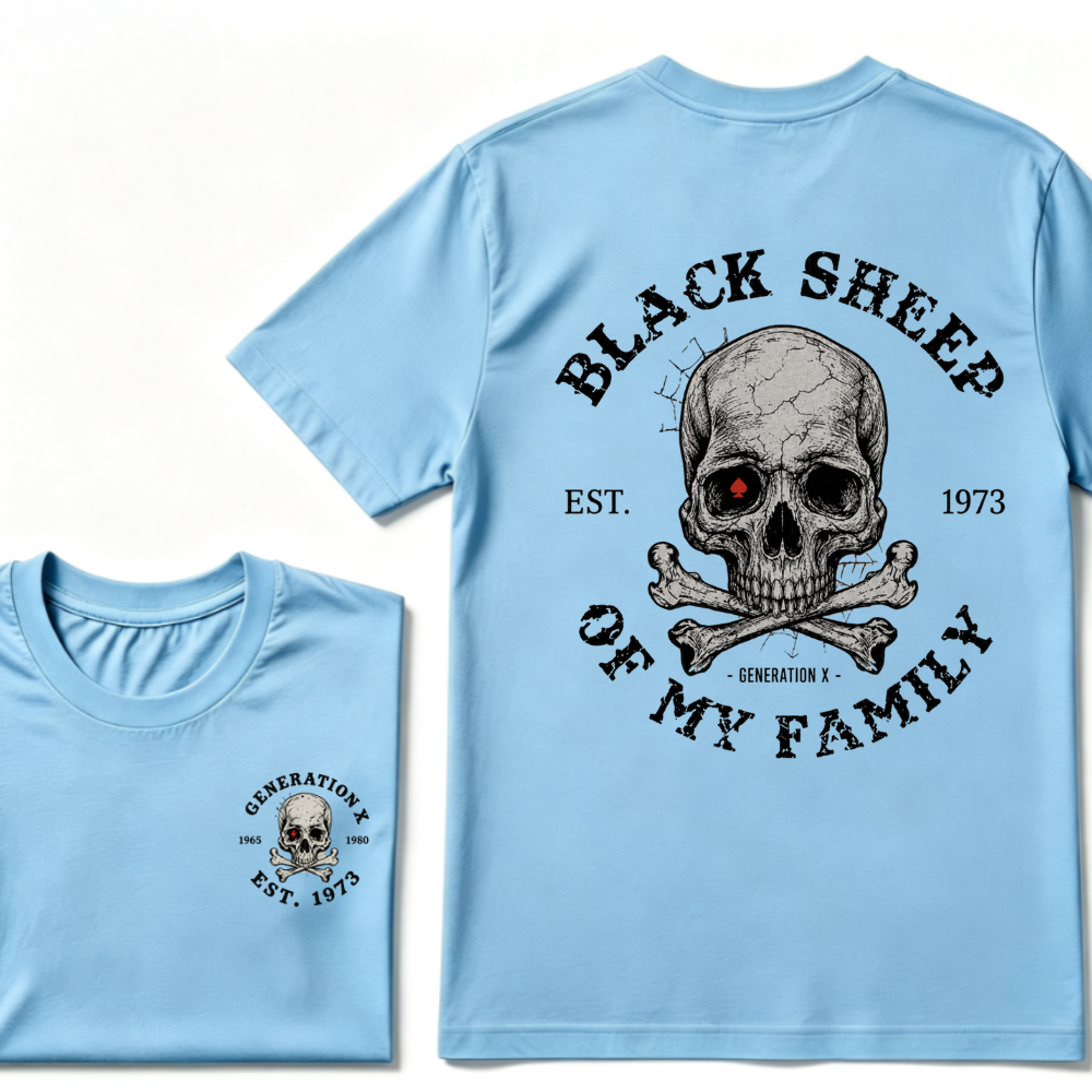 Black Sheep Of My Family Gen X Skull T Shirt, Generation X EST.Year Vintage Skull Crossbones Graphic Tee, Front Back Print Retro Shirt