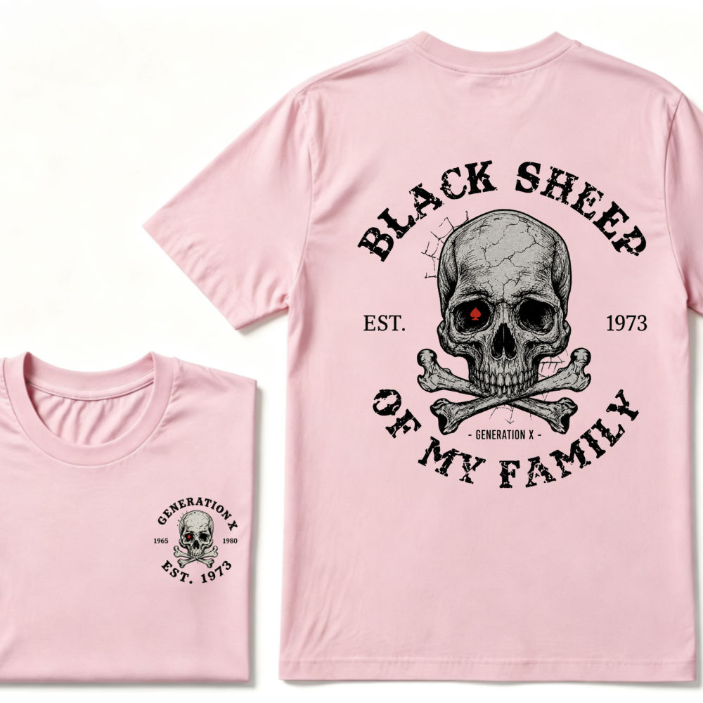 Black Sheep Of My Family Gen X Skull T Shirt, Generation X EST.Year Vintage Skull Crossbones Graphic Tee, Front Back Print Retro Shirt