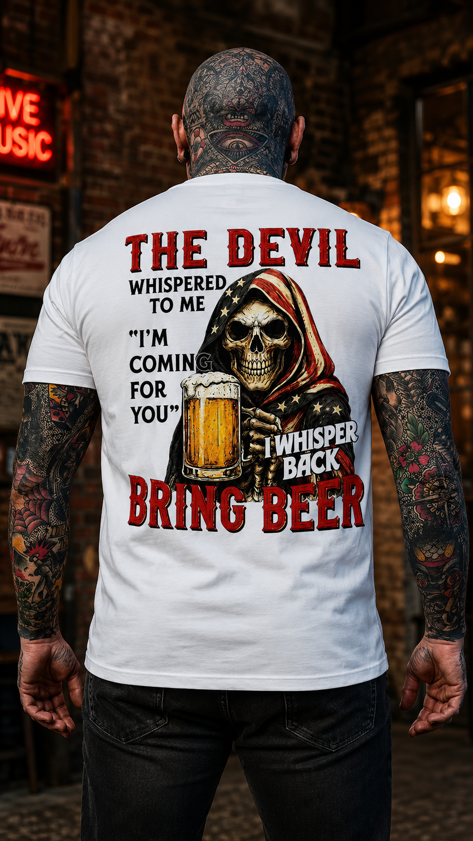 Custom EST.Year The Devil Whispered To Me "I'm Coming For You" I Whisper Back Bring Beer Graphic T‑Shirt